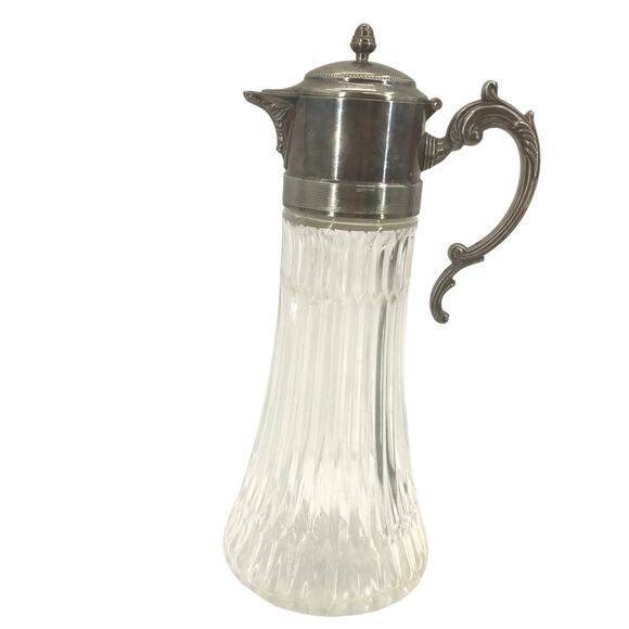 Antique Glass Cooling Ewer Pitcher With Silver Plate Lid  Carafe Single Handle - Picture 1 of 3